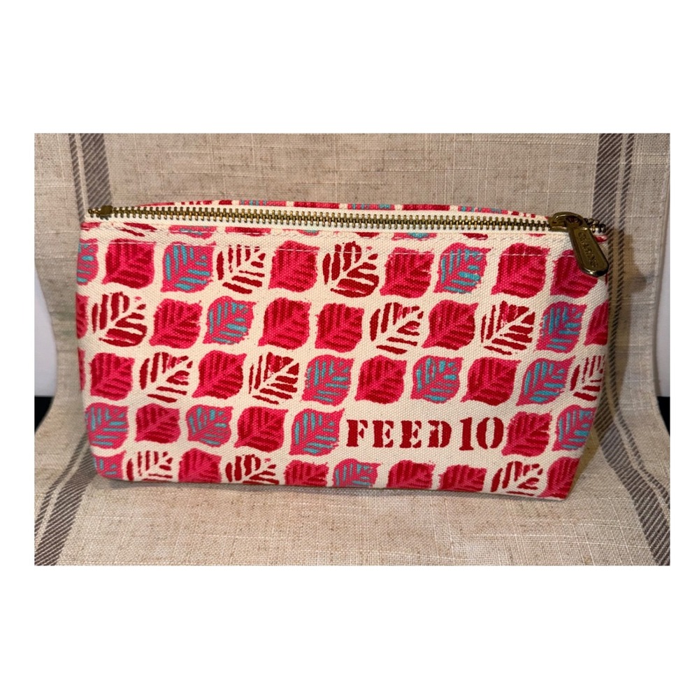 FEED 10 Pink Teal Leaf Print Cotton‎ Canvas Zip Cosmetic Makeup Bag Pouch